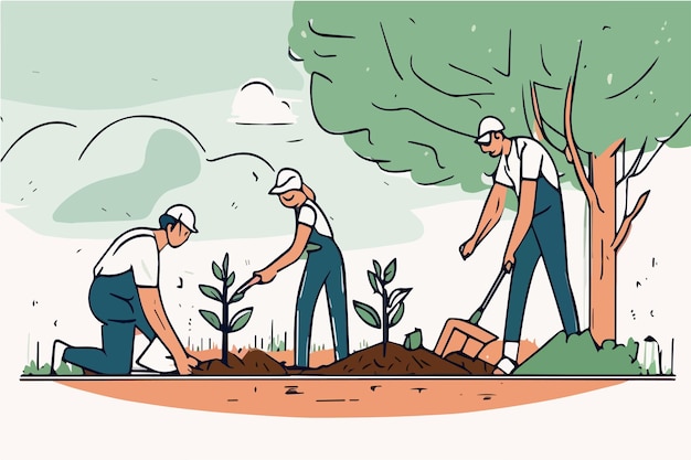 Man digging ground using shovel and woman watering a plant at home garden vector illustration. Happy gardening concept. Line design
