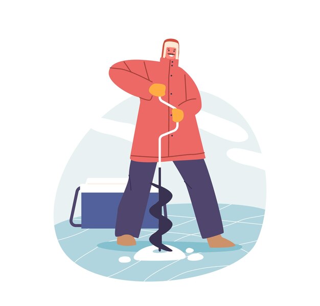 男は凍った湖に熱心に穴をあけます。氷釣りの 1 日を準備する作業に集中します。男性キャラクターは氷釣りの準備をします。漫画の人々 ベクトル図です。
