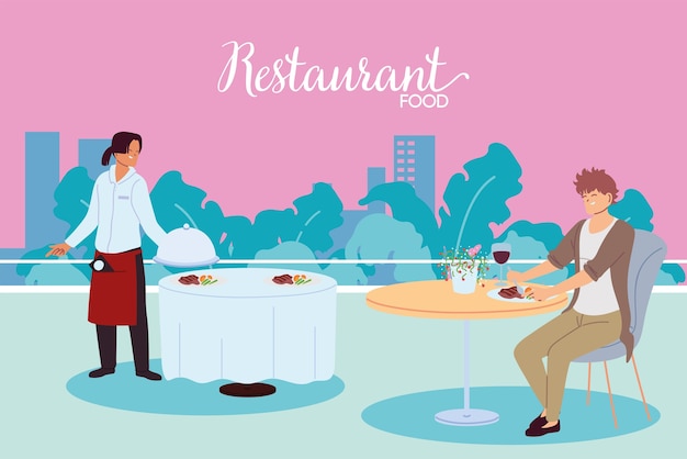 Man dineren in restaurant en ober die het ontwerp van de tabelillustratie dienen