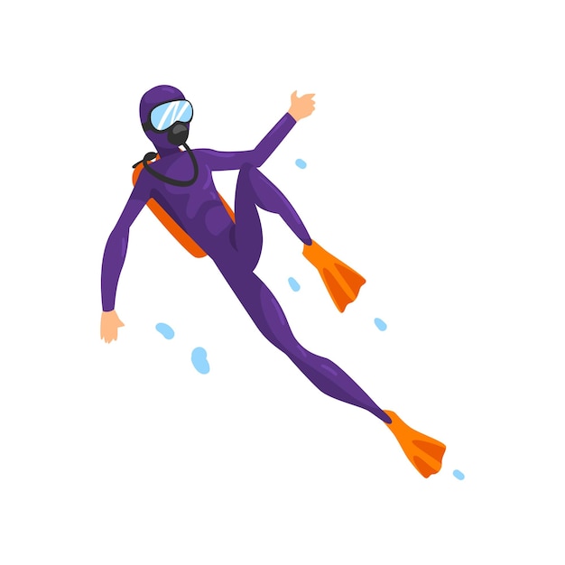 Man in diving suit and fins swimming underwater with scuba vector Illustration isolated on a white background