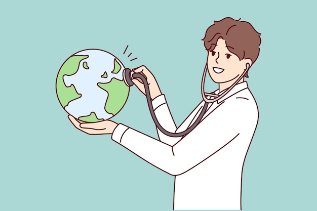 Man doctor applies stethoscope to globe demonstrating care for ecology and nature vector image