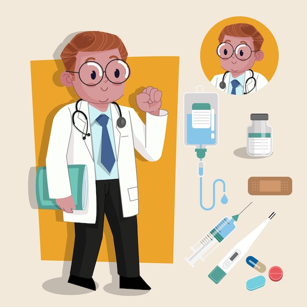 Man doctor cute 2d character ready for animation complete with job tools
