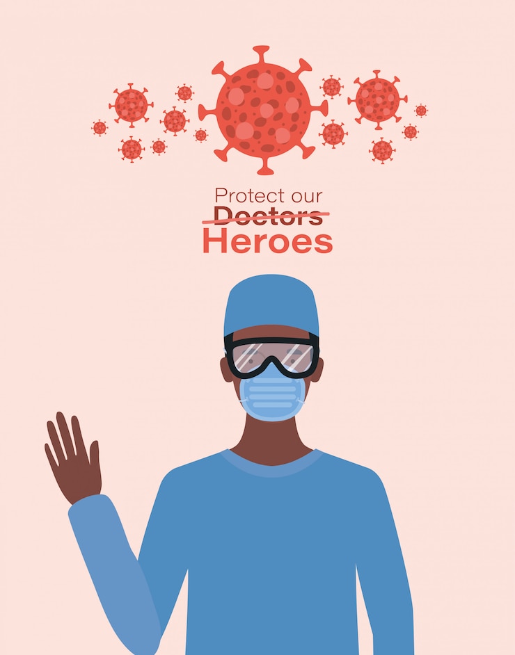 Vector man doctor hero with uniform mask glasses and 2019 ncov virus design