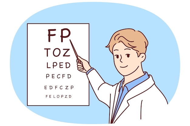 Vector man doctor holds out pointer to poster with letters for checking eyesight of patients vector image