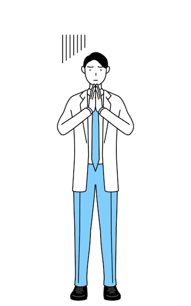 A man doctor in white coats apologizing with his hands in front of his body