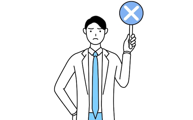 A man doctor in white coats holding a bar of buts indicating incorrect answers