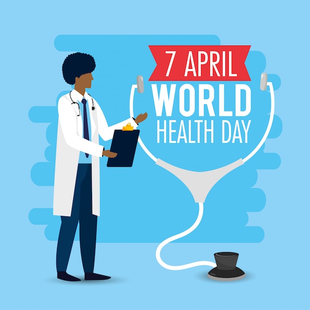 Man doctor with stethoscope to world health day