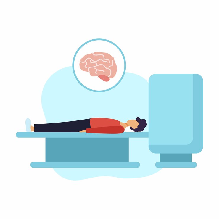 Vector 남자는 뇌 단층 촬영을 합니다. 방사선 촬영 및 단층 촬영을 위한 mri 기계. 신체의 건강 검진.