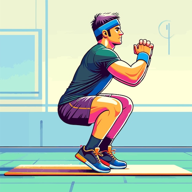 man doet squat sprong in een plat ontwerp illustratie