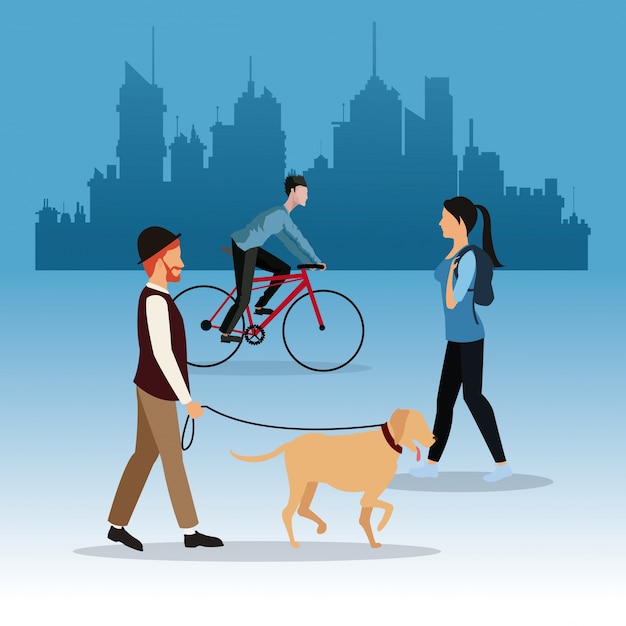 Man dog girl walking and guy ride bike city background