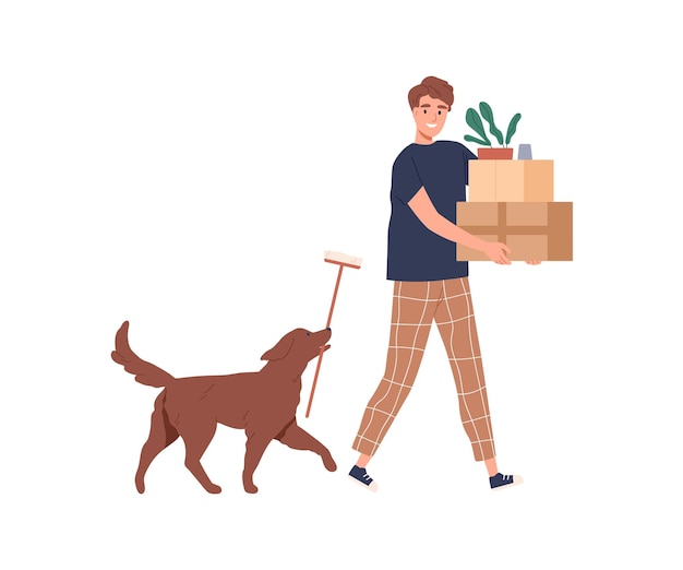 Человек и собака движутся. Человек, несущий картонные коробки и растения. Парень и собачка гуляют с домашними вещами. Изменение дома, переселение и концепция удаления. Плоская векторная иллюстрация на белом фоне
