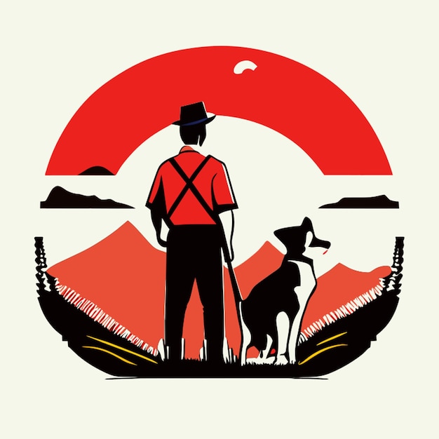 A man and a dog outside in a field vector illustration cartoon