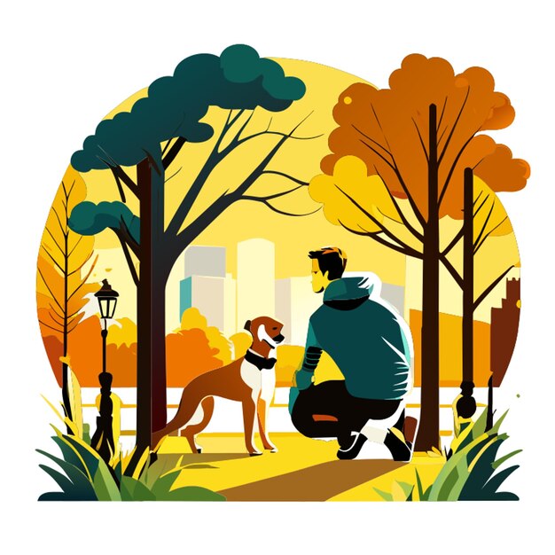 Vector man and dog playing on park vector illustration