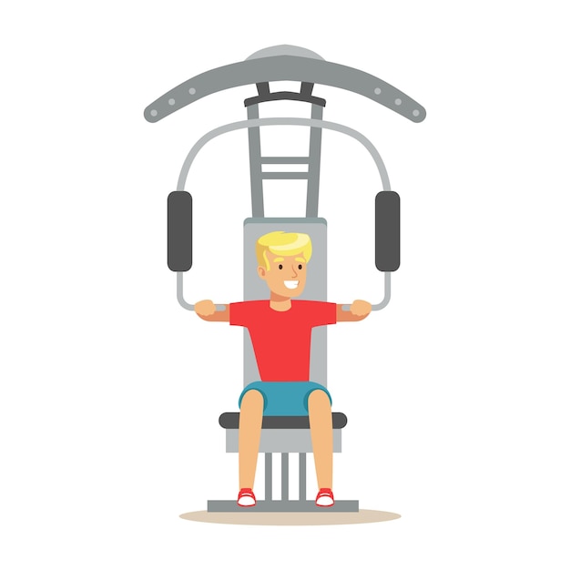 Vector man doing arms exercise with equipment and weight member of the fitness club working out and exercising in trendy sportswear
