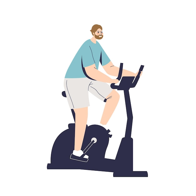 Vector man doing cycling exercises on stationery bicycle. sport, fitness and workout concept. cartoon male character training