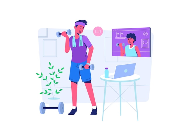 Man doing a gym exrcise with his online mentor during covid19 pandemic situation flat cartoon style