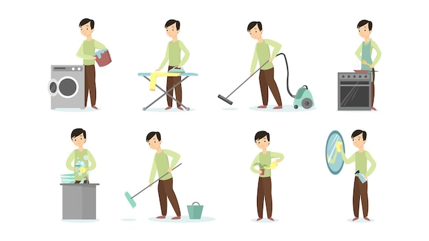 Man doing household chores on white background cleaning and ironing cooking and vacuum cleaning