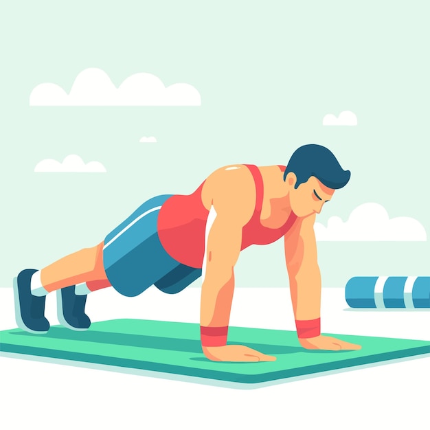 Vector man doing push up endurance exercise in a flat design illustration