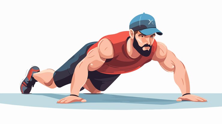 Vector man doing pushups at gym flat vector illustration