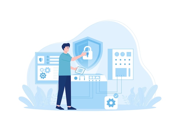 Man doing security check on safe trending concept flat illustration