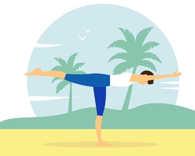 Man doing yoga on the beach illustration of the concept of a healthy lifestyle physical exercise