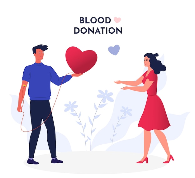 Мужчина сдает кровь женщине красное сердце рекламный баннер в сети концепция донорства крови благотворительная донорская квартира