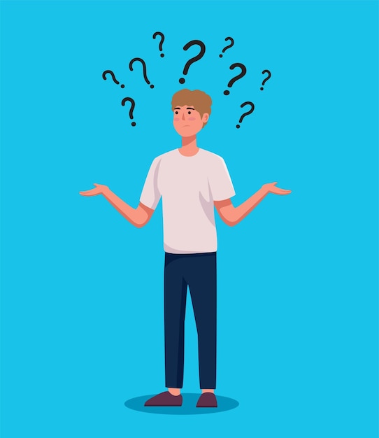 man in doubt question marks vector illustration