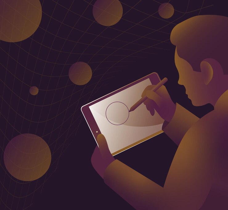 Vector a man draws a circle on a tablet with a stylus vector illustration