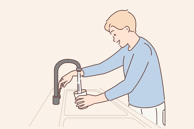 Мужчина набирает воду в стакан из крана со встроенным очищающим фильтром, чтобы утолить жажду