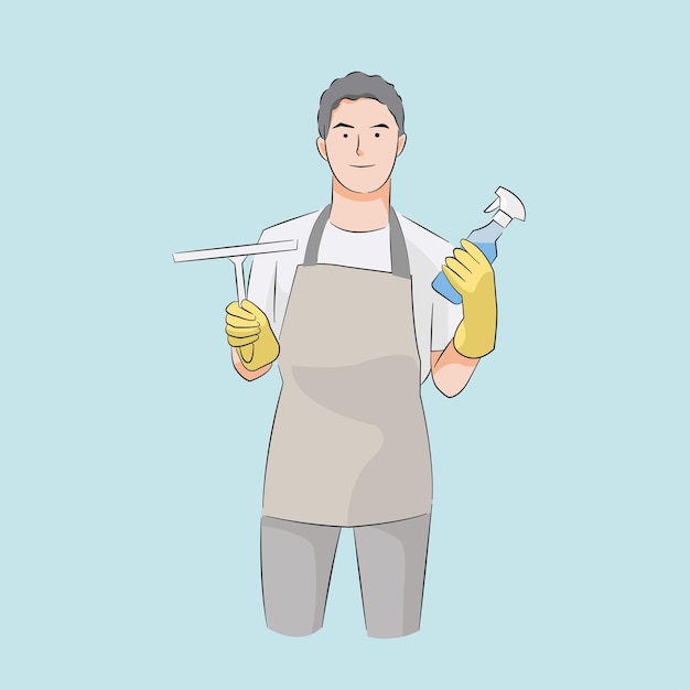 벡터 남자는 청소 서비스로 옷을 입고 깨끗한 청소 작업을 할 준비가 되어 있습니다.