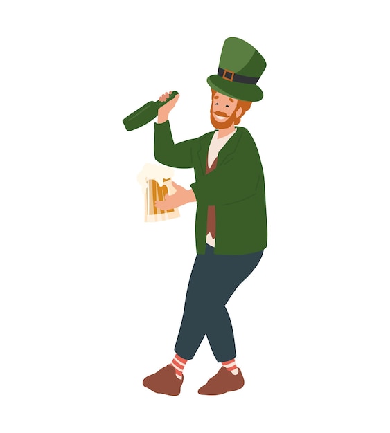 Man dress like Irish leprechaun dancing with beer in his hand,  St. Patrick's Day cartoon people,