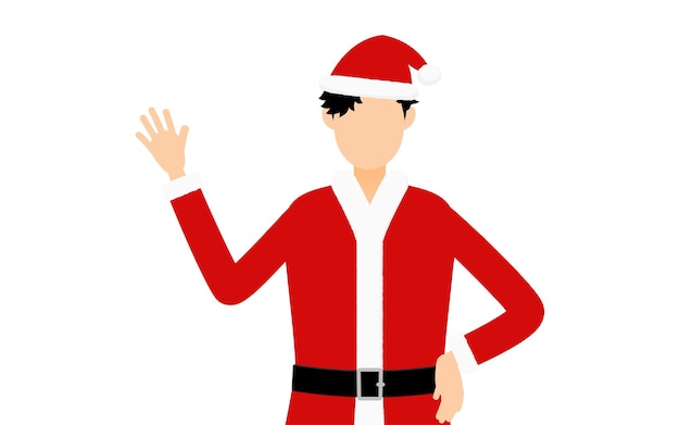 Мужчина в костюме Санта-Клауса машет рукой, уперев руки в бока.