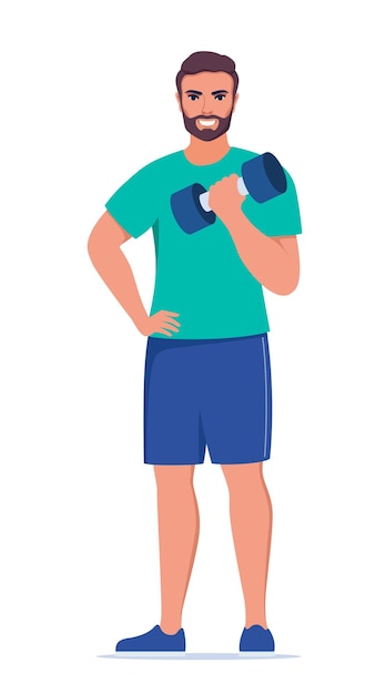 Vector man dressed in sports clothes does exercises with dumbbells vector illustration