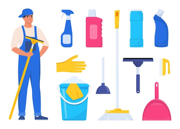 Man dressed in uniform with glass cleaning scraper Worker of cleaning service Bucket scoop