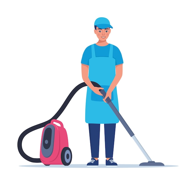 Man dressed in a uniform with a vacuum cleaner Worker of cleaning service