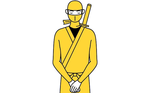 A man dressed up as a ninja bowing with folded hands