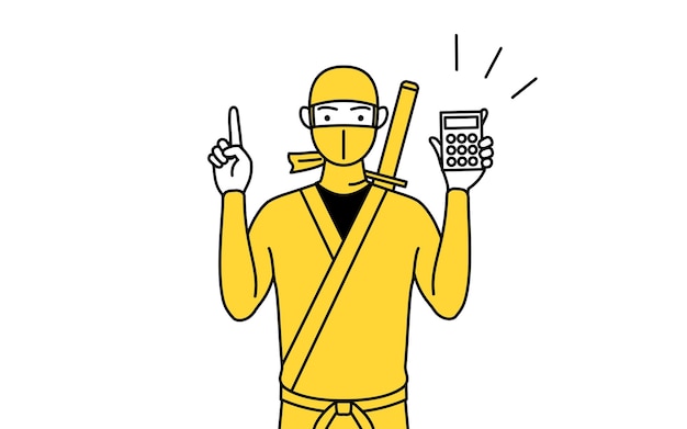 A man dressed up as a ninja holding a calculator and pointing