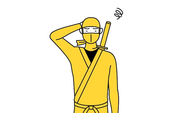 A man dressed up as a ninja scratching his head in distress