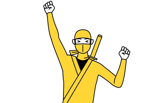 A man dressed up as a ninja smiling and jumping