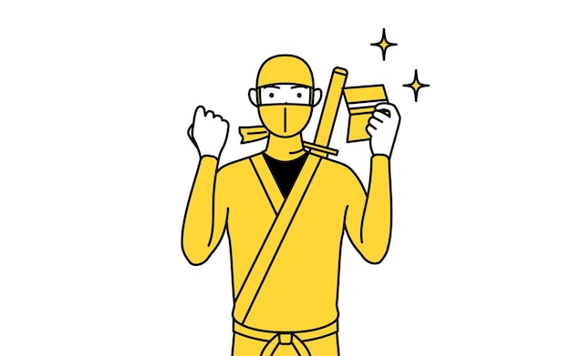 A man dressed up as a ninja who is pleased to see a bankbook