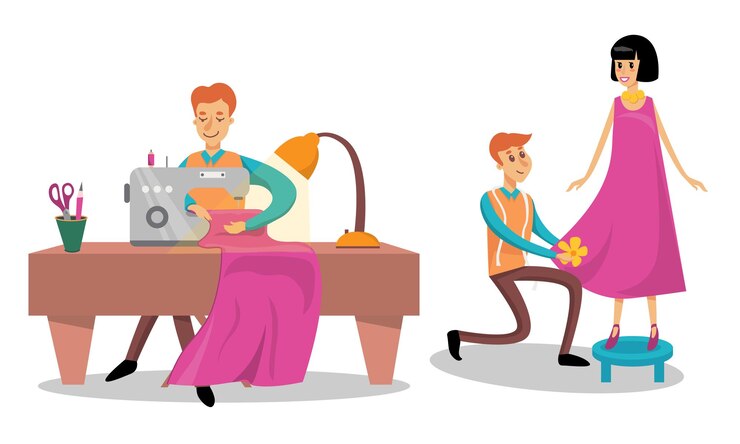 वेक्टर man dressmaker or tailor sewing on machine and serving customer vector illustration set