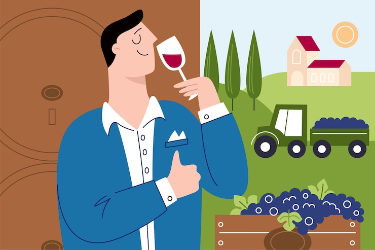Vector man drink wine sommelier tastes alcohol beverage cartoon person with glass winemaking industry wooden barrels and beautiful landscape male holding wineglass garish vector concept