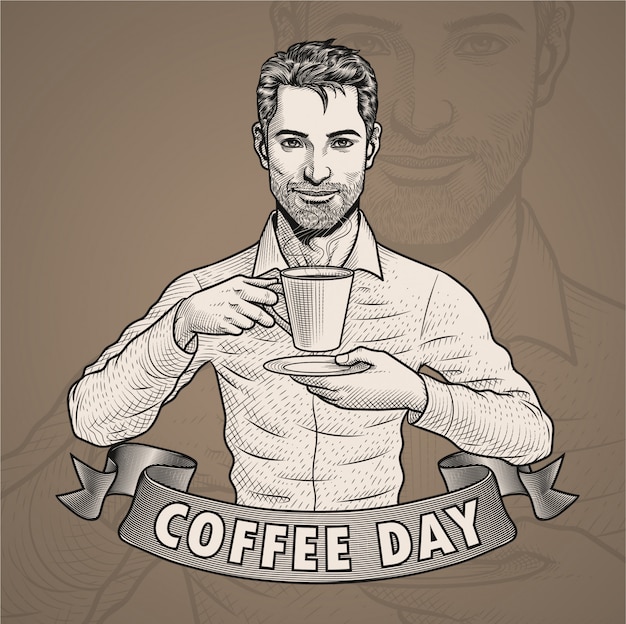 Vector a man drinking coffee in hatching engraving illustration