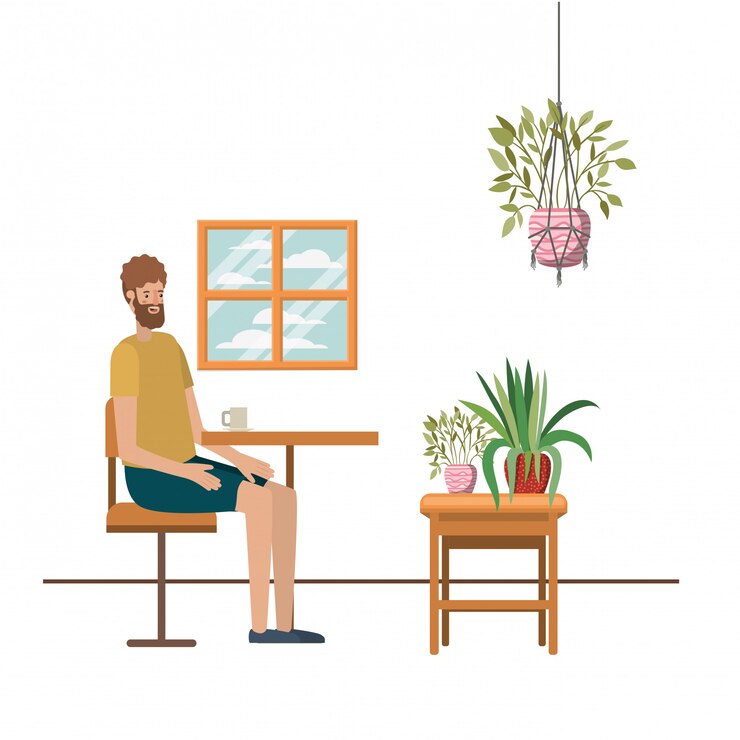Vector man drinking coffee in the living room
