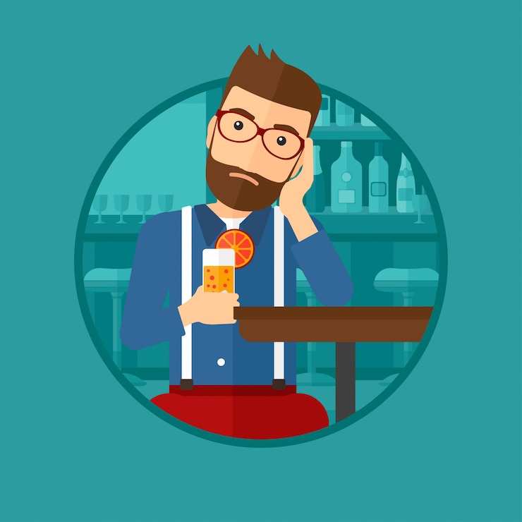 Vector man drinking orange cocktail at the bar.