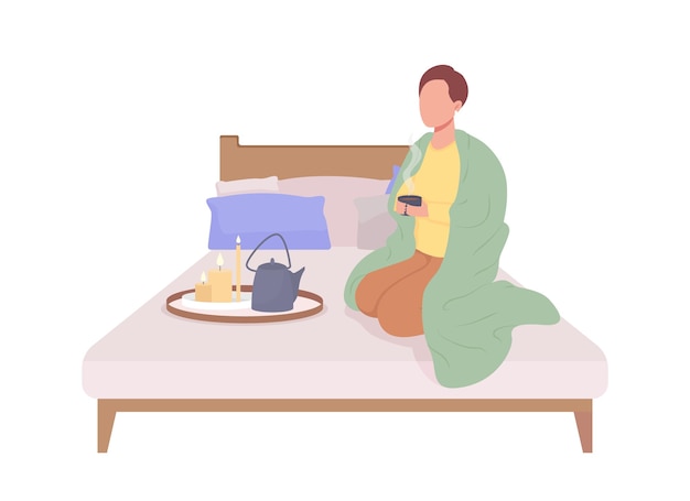 Vector man drinking tea on bed semi flat color vector character