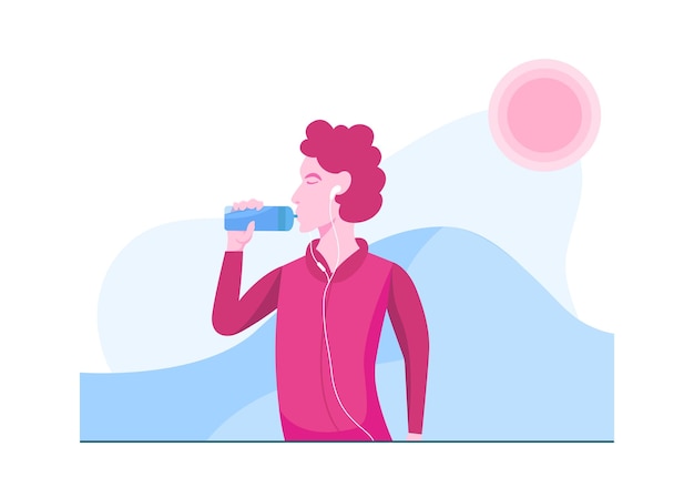 Vector man drinking water dehydration running flat illustration concept