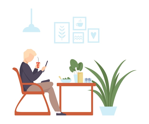 Man drinks a cocktail and looks at the smartphone in a cafe Vector illustration