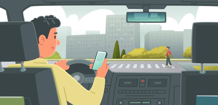 Vector man driving a car is distracted by the phone dangerous behavior driver on road leading car accident