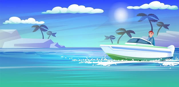 Man driving cartoon yacht with open cabin Blue ocean Sea marine ship Nautical transport Summer vacation Holiday cruise adventure journey island with palm Vector illustration